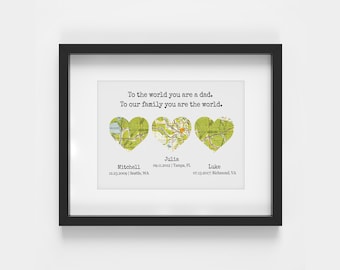 Personalized Christmas Gifts For Dad From Kids 3 Heart Map Print on Paper With Kids Locations Gift For Father Gift From Family Holiday Decor