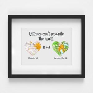 Long Distance Boyfriend Gift For Him On Pressed Paper By BN, Separate Locations Heart Map On Paper Gift Personalized Gift For Couples Gift imagem 1