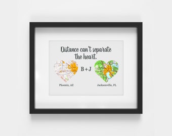 Long Distance Boyfriend Gift For Him On Pressed Paper By BN, Separate Locations Heart Map On Paper Gift Personalized Gift For Couples Gift