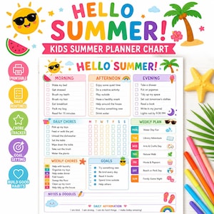 Peut inclure: Un tableau de planification estival pour enfants avec des sections pour les routines du matin, de l'après-midi et du soir, les tâches quotidiennes et hebdomadaires, les objectifs et un planning hebdomadaire illustré de soleil et palmier.