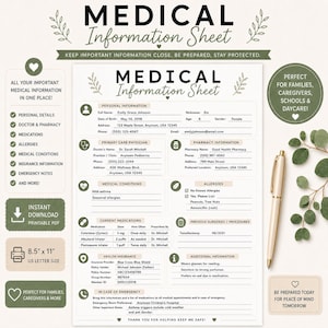 May include: A printable medical information sheet template in US letter size, 8.5 inches by 11 inches. The document features sections for personal details, primary care physician, pharmacy, medical conditions, allergies, medications, and insurance.