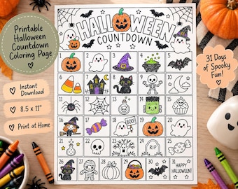 May include: A printable Halloween countdown coloring page featuring a grid of 31 numbered squares. Each square contains a unique black and white illustration of seasonal icons like pumpkins, ghosts, bats, and candy, with the text HALLOWEEN COUNTDOWN.