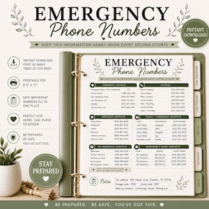 May include: A printable emergency phone numbers template in a binder. The document features sections for emergency services, utilities, important contacts, family, pets, and neighbors. It includes text fields for addresses and notes, measuring 8.5 by 11 inches.