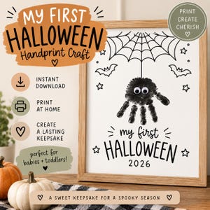 May include: A printable Halloween handprint craft template in a wooden frame. The design features a black handprint spider hanging from a web, two bats, stars, and the text My First Halloween 2026. The graphic includes googly eyes on the spider.