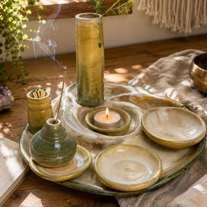 May include: A ceramic set featuring a large, spiral-shaped tray in shades of yellow and green. The tray holds a tall cylindrical vase, a small incense burner with a smoking stick, a match holder, a tea light candle, and two small bowls.