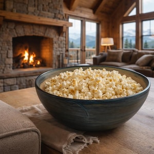 May include: A large, blue-green bowl filled with popcorn sits on a wooden table. The bowl is the focal point, with a cozy living room and a lit fireplace in the background. The popcorn is white and fluffy, suggesting a snack or treat.