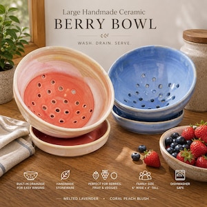 May include: Large handmade ceramic berry bowls with drainage holes. One bowl features a coral peach blush interior with a cream exterior, and the other is a solid melted lavender. Text reads: Large Handmade Ceramic BERRY BOWL, 6 inches wide x 4 inches tall.