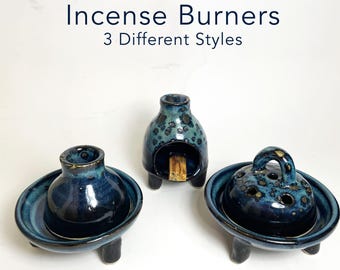 Ceramic Incense Burner, Charcoal Cone Burner, Handmade Pottery Incense Holder, Meditation Decor, Midnight Blue Glaze, 3 Styles Available