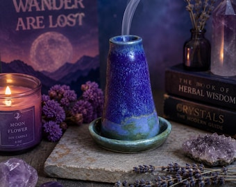 Moontower Cone Incense Burner – Handmade Ceramic Palo Santo & Incense Holder – Blue Purple Pottery Meditation Gift
