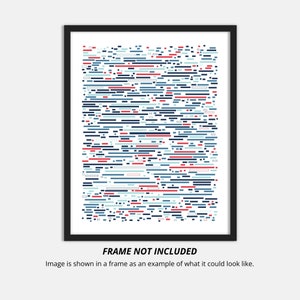 May include: Abstract digital art print with a white background and a pattern of horizontal lines in shades of blue, red, and black.