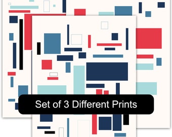 Conjunto de 3 impresiones fotográficas sin marco de arte generativo de embalaje rectangular, rojos y azules #2596