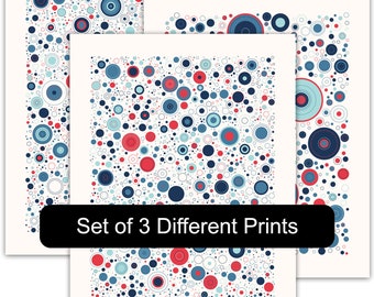 Conjunto de 3 impresiones fotográficas sin marco de arte generativo de embalaje circular, rojos y azules #2592