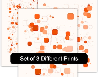 Conjunto de 3 impresiones fotográficas sin marco de arte generativo de círculos aleatorios y cuadrados redondeados, arte abstracto de pared - Naranja