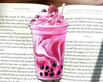 Strawberry Boba Tea Bookmark | Coffee Bookmark | Coffee Lover Gift | Bookish Gift | Gift for Book Lover | Pink Bookmark | Cute bookmark