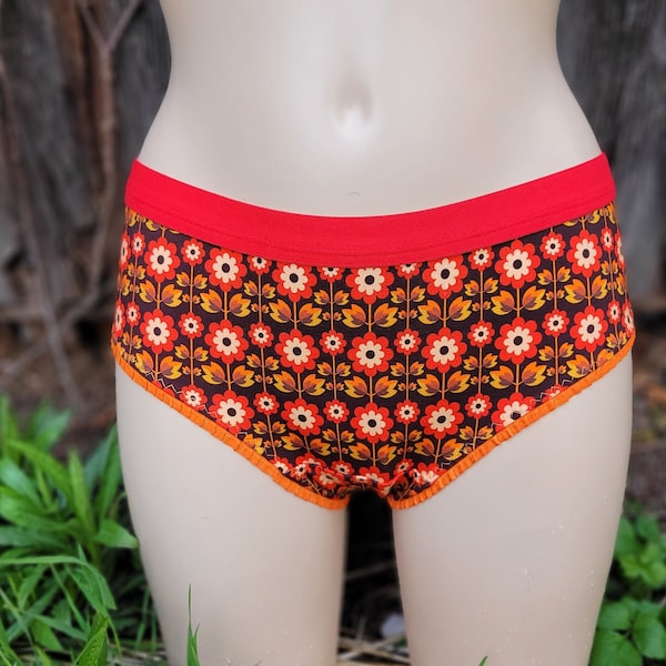 Retro Blumen  Slip Panty Unterhose Unterwäsche für Damen in Gr.32-48 bestellbar, Orange Roter Blumen Slip