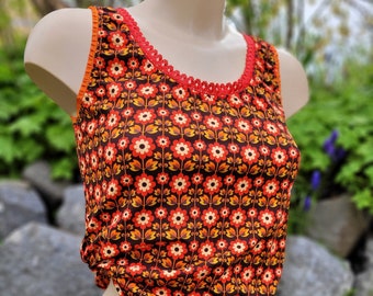 Retro Sommertop Blumen Orange Rotes Top, Unterhemd, Damen Unterwäsche  Gr.32-54, ärmelloses T-Shirt Retro Blumen