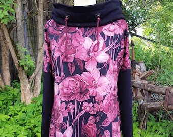 Ab 113 Euro Zipfelpullover von Gr. 32-48 bestellbar, Langarmoberteil zipflig, Hoodie für Damen mit großen Blumen, Kapuzenpullover schwarz