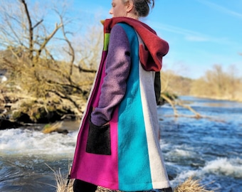 Bunte Walkjacke, Walkmantel, Übergangsjacke aus Walk, Jacke aus Walk Gr.32 bis 58 Zipfelkapuze, Damen Wolljacke