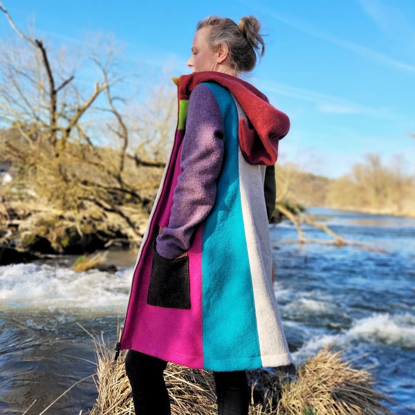 Bunte Walkjacke, Walkmantel, Übergangsjacke aus Walk, Jacke aus Walk Gr.32 bis 58 Zipfelkapuze, Damen Wolljacke