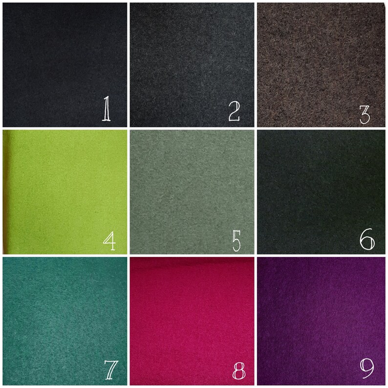 Pode incluir: Nove amostras de tecido em diferentes cores e texturas. As amostras est&atilde;o dispostas em uma grade de 3x3. As cores s&atilde;o preto, cinza escuro, marrom, verde lim&atilde;o, verde salvia, verde escuro, azul-petr&oacute;leo, magenta e roxo.