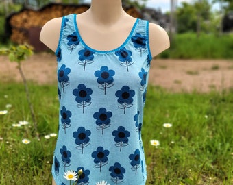 Summer top floral blue, retro flower top, undershirt, tank top size 32-54, tank top with large blue flowers top T-shirt