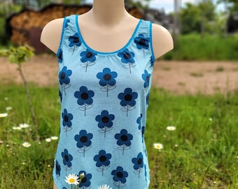 Sommertop geblümt Blau, Retro Blumen Oberteil, Unterhemd, Tank Top Gr.38, Trägershirt mit großen blauen Blumen Top T-Shirt