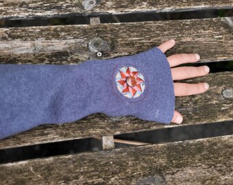 Smoky blue arm warmers for women with embroidered star, single piece, size L/XL with embroidery in muted colors