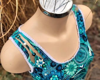 Blaues Sommertop, blaues Oberteil, Top mit Perlen , Tank Top Gr.32-54, Trägershirt Damen, mit Blumen romantisch