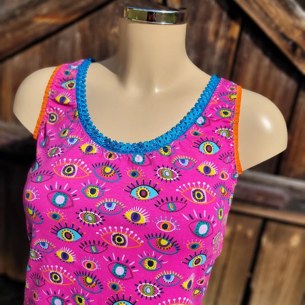 Sommertop Pink, Top, Unterhemd, Damen Unterwäsche Goa Hippie Boho, Kitsch bestellbar von Gr.32-54 Augen