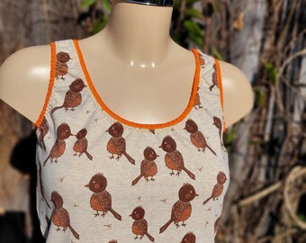 Sommertop, Oberteil, Unterhemd, Tank Top Gr.32-54, Spatzen Trägershirt, ärmelloses T-Shirt, braune kleine Vögel Sommershirt