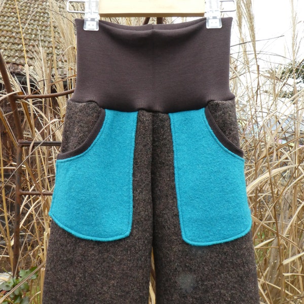 Walkhose, Outdoorhose Überziehhose aus Wolle für Damen mit bunten Taschen, Wollbündchen möglich, Hose Wolle mit Taschen