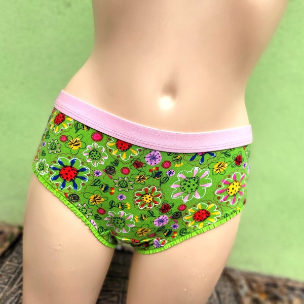 Grüner Damen Slip, geblümte Unterhose Unterwäsche, Unterhose Streifen Blumen Grün