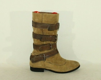 Vintage Women's Beige Suede Brown Leather Straps ATMOSPHERE Pull On Mid Calf Boots 3 /36