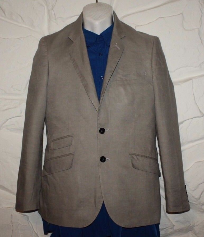 Vintage Grey linen H & M Button Fitted Casual Party Hip Length Jacket Blazer Sz 36 / 46