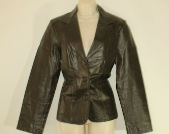 Vintage donna Brown pelle VERO MODA Button Fitted Hip Length Biker Giacca Taglia L