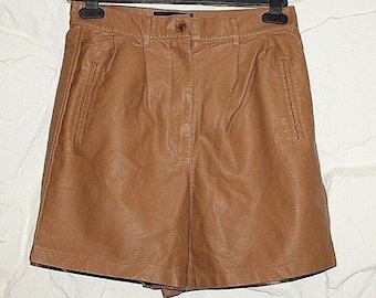 Vintage Brown Look Leather CUBUS Zip Hot Pants Clubwear Biker High Waist Shorts 8 / 36