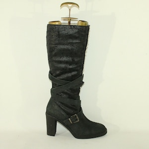 Vintage Women&#39;s Black Distressed Suede & Look Suede BLEND SHE Mid Calf High Heel Boots Sz 4 / 37
