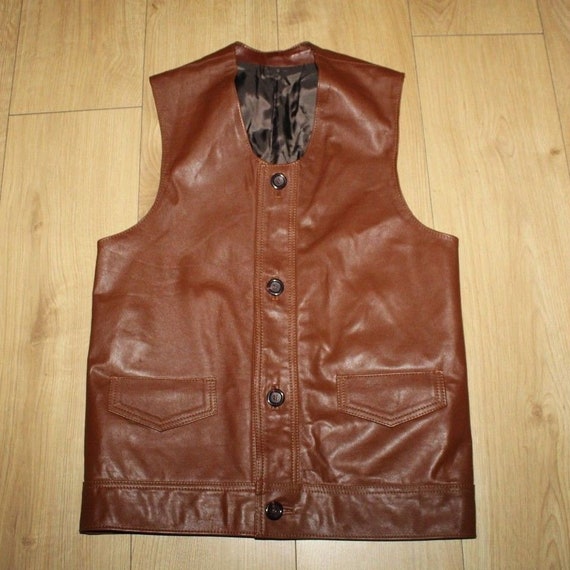 Vintage Men's  Brown Leather Button Hip Length Ri… - image 4