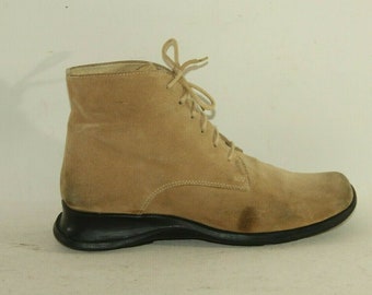 Vintage Women's Beige Suede Lace Up Square Toe Casual Ankle Boots Size 4 / 37