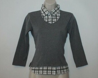 Vintage Grey & Plaid Shirt B.YOUNG Stretch Collared 3/4 Sleeve Casual Top Blouse Size S