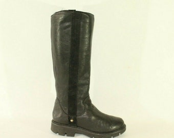 Vintage Women's Black Leather Pull On Mid Round Toe Calf Riding Casual Boots Size 4 / 37