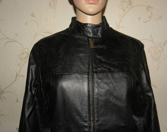 Vintage nero pelle LEISURE PLUS zip montato anca lunghezza Biker Jacket SZ 12/40