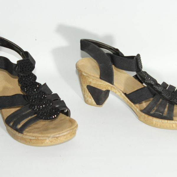 Vintage Damen Schwarz Looks Wildleder RIEKER Slingbacks Riemchen Plateau Mid Heel Sandalen Größe 3 / 36