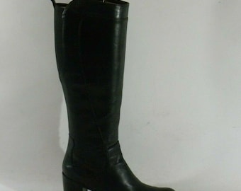 Vintage Women's Black Leather CAFENOIR Zip Mid Calf Mid Heel Biker Casual Boots Sz 3 /36