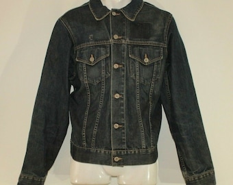 Vintage Blue Denim JACK & JONES Button Hip Length Distressed Casual Jacket Blazer Size L