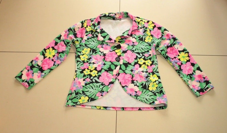 Vintage Colorful Floral ZUPPE Button Fitted Stretch Party Casual Jacket Blazer Sz 14 42