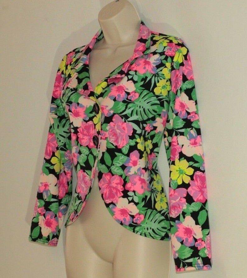 Vintage Colorful Floral ZUPPE Button Fitted Stretch Party Casual Jacket Blazer Sz 14 42