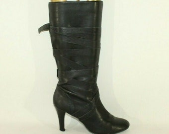 Vintage Women&#39;s Black Leather NEW LOOK Pull On Strap Mid Calf High Heel Boots Sz 6 / 39