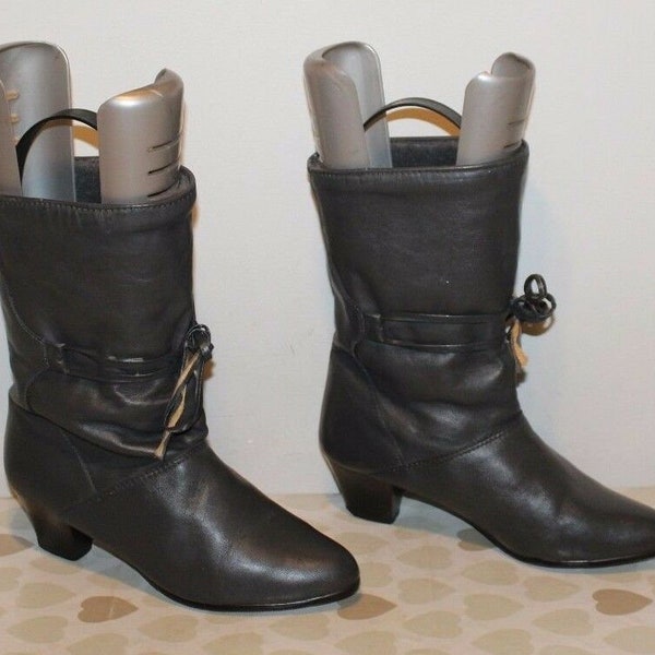 vintage Femme Gris Cuir Pull On Tassel Pointed Mid Calf Mid Heel Boots Sz 4.5 /37.5