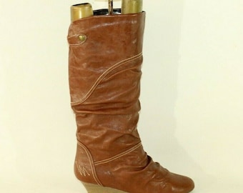 Vintage damstövlar i brunt läder med dragkrok och halvhäl i läder, BIANCO, 5/38